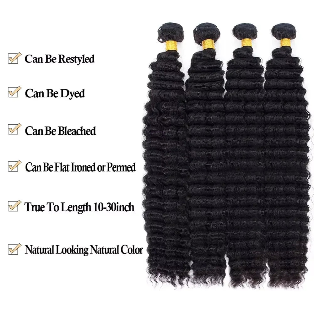 38 40 Inches Deep Wave Natural Color Bundles Brazilian Hair Extension Remy Hair Bundles One Weave Unprocessed 1/ 3/4 Pieces