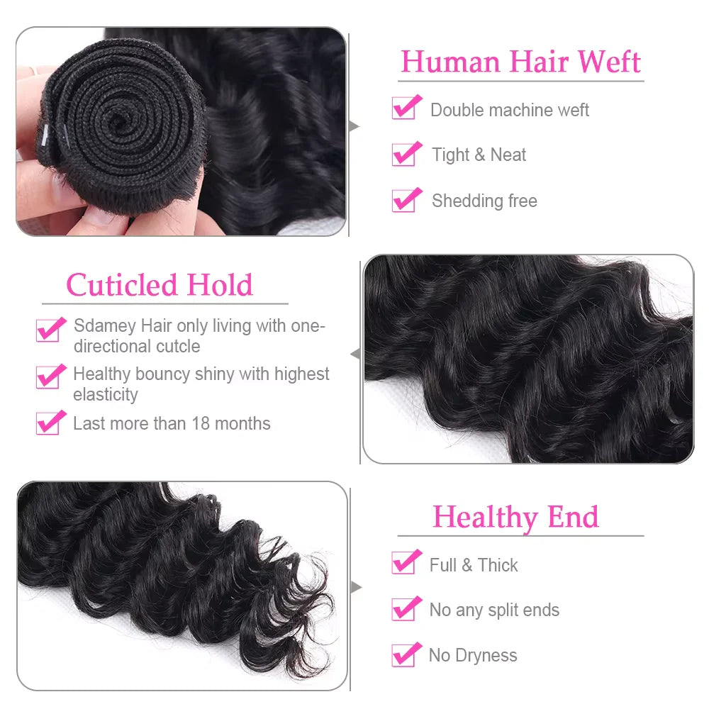 38 40 Inches Deep Wave Natural Color Bundles Brazilian Hair Extension Remy Hair Bundles One Weave Unprocessed 1/ 3/4 Pieces