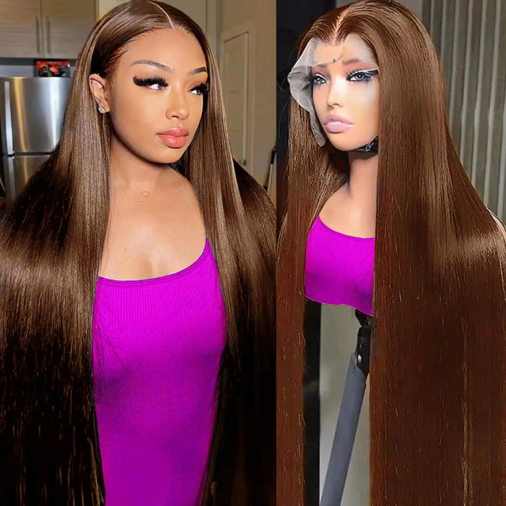 Premium Chocolate Brown Colored 13x4 HD Lace Front Human Hair Wigs 46 Long Inch Raw Indian Straight Human Hair Frontal Wigs